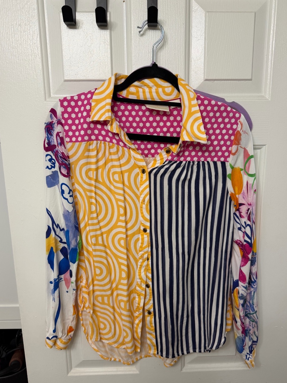 Mixed-Print Button-Up Shirt in Yellow, Pink & Multicolor - MAEVE